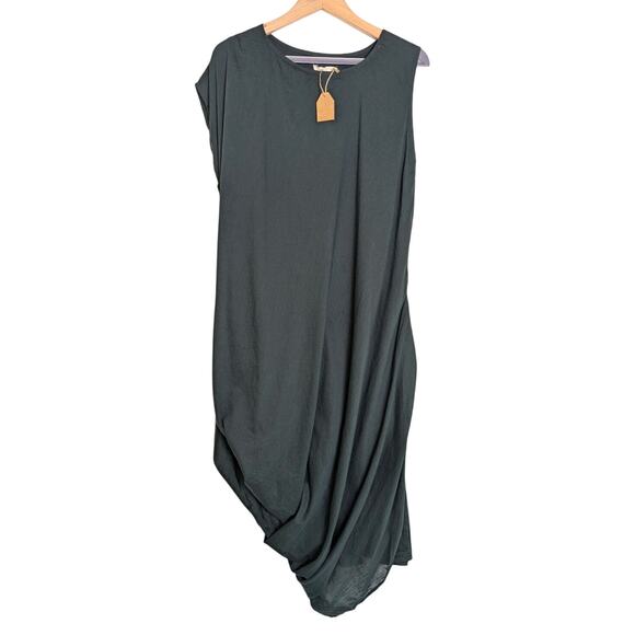 NWT Khara Kapas Pure Cotton Muslin Green Asymmetrical Hem Drape Dress Women Sz M - Picture 1 of 14